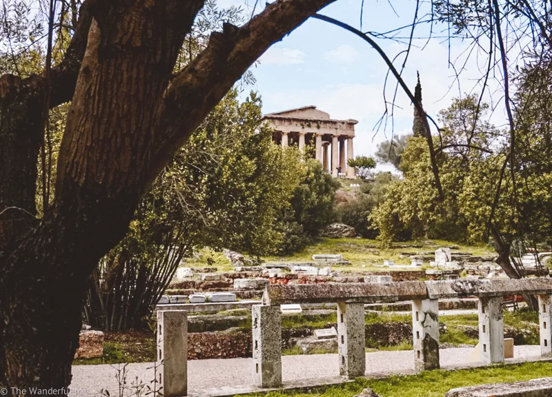 Looking off in the distance in Ancient Agora, you can see the Temple of Hephaestus. 