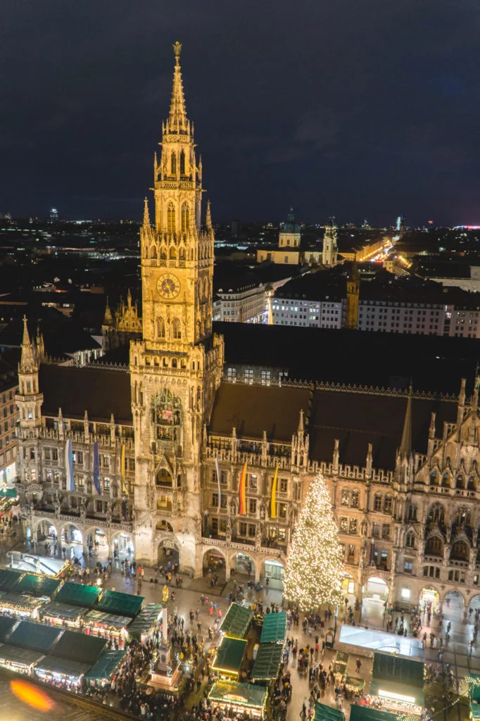 Standing at the top of St. Peter's Church in Munich, Germany, overlooking the lit up Marienplatz Christmas Market. 
