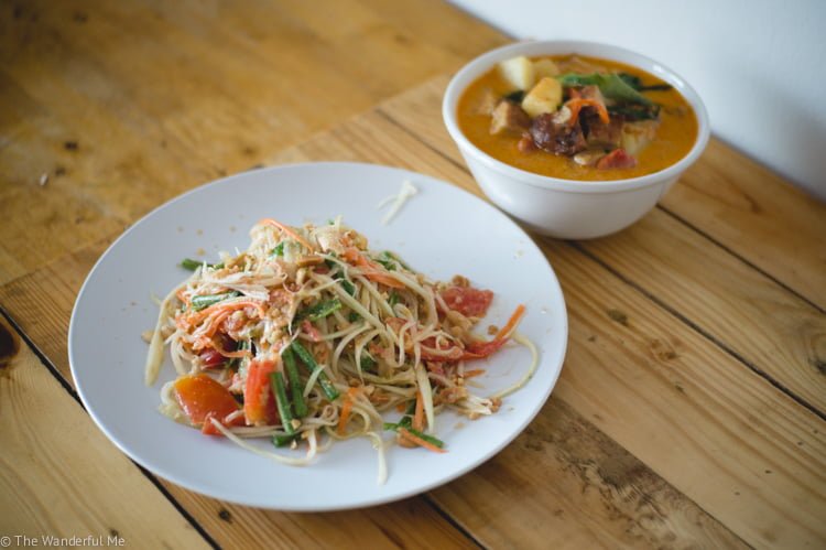 Vegan papaya salad and vegan duck curry can be found at Vegan Heaven in Chiang Mai, Thailand. 