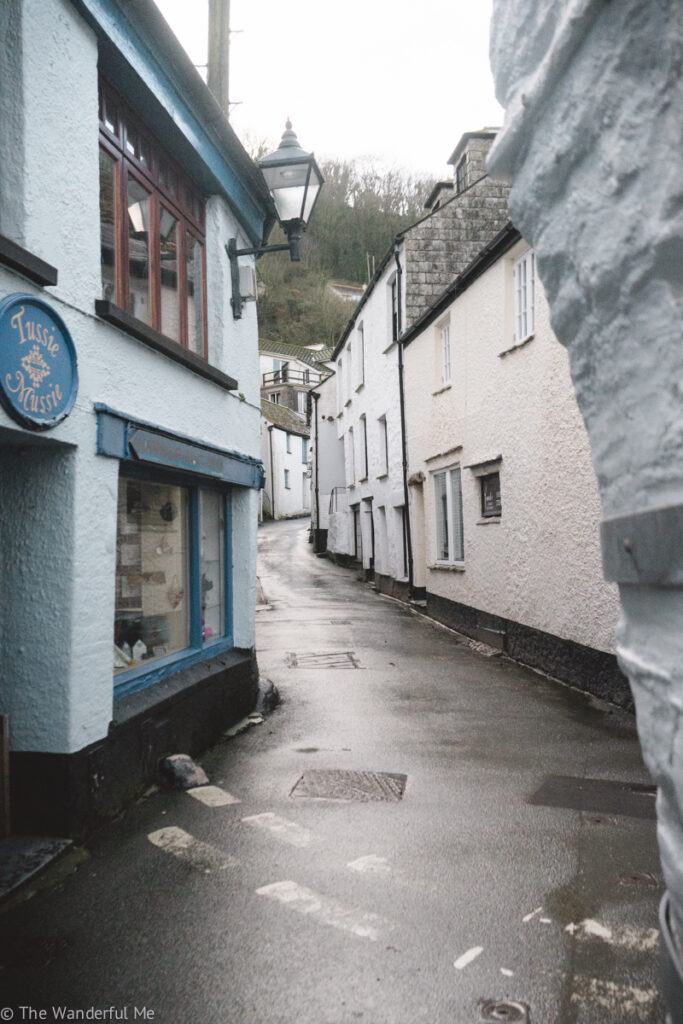 A small road twisting amongst the blue and white Polperro buildings. 