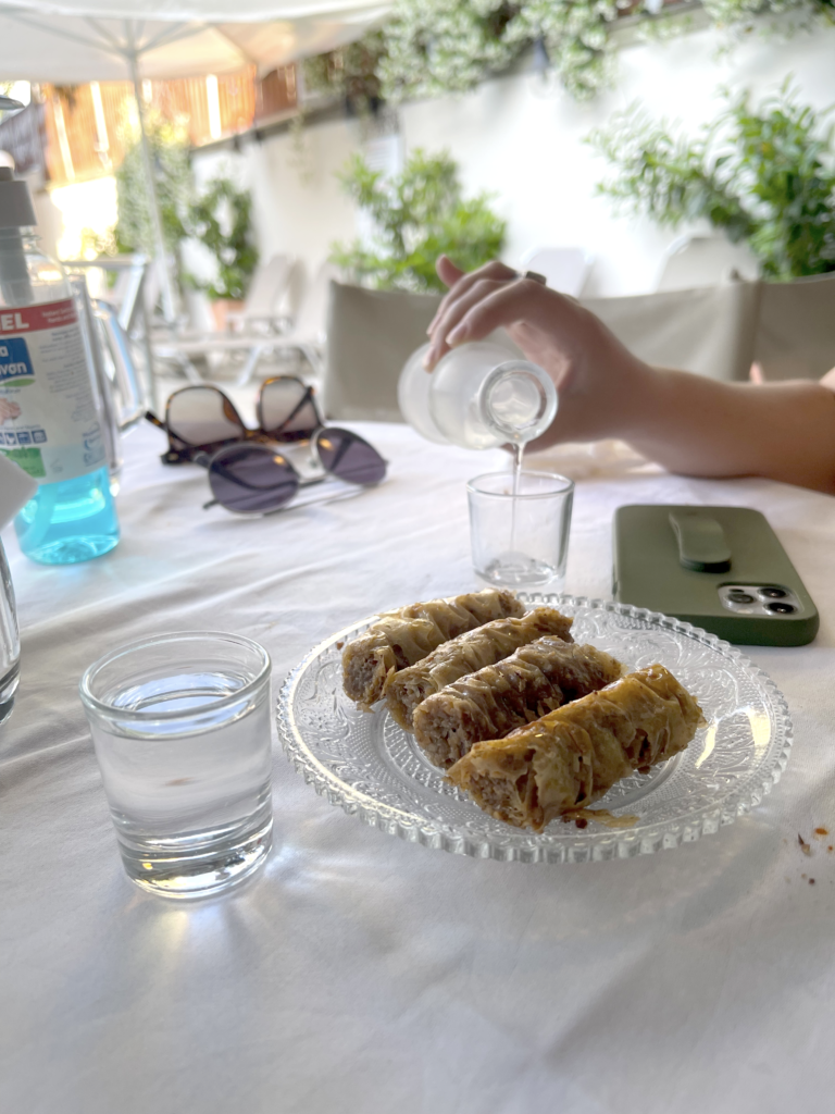 Delicious Greek dessert with a small glass of local Raki, a Greek drink that's offered at many meals. | Greece Travel Tips | The Wanderful Me